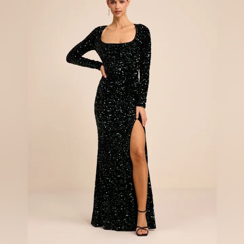 Lulu's  Rhonna Emerald Green Velvet Sequin Mermaid Maxi Dress sequin gown